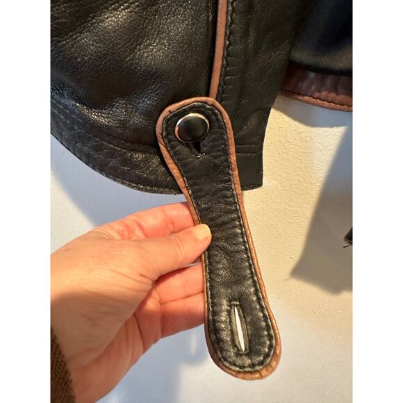 Vintage Butter Soft Black Leather Moto Jacket Brown Trim Quiet Luxury Minimalist - Picture 15 of 16